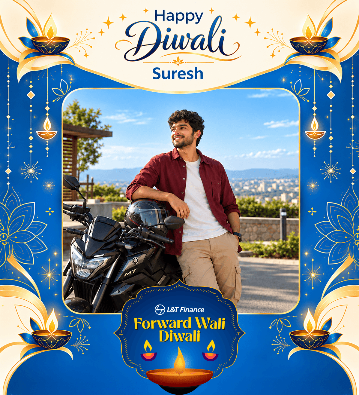 Example Diwali wish: Suresh with his new motorbike, titled Happy Diwali
